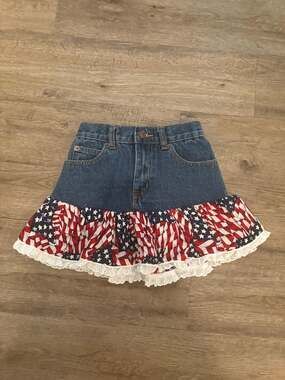 Kiddie Korral Girls Patriotic Denim Ruffle Skirt Stars & Stripes